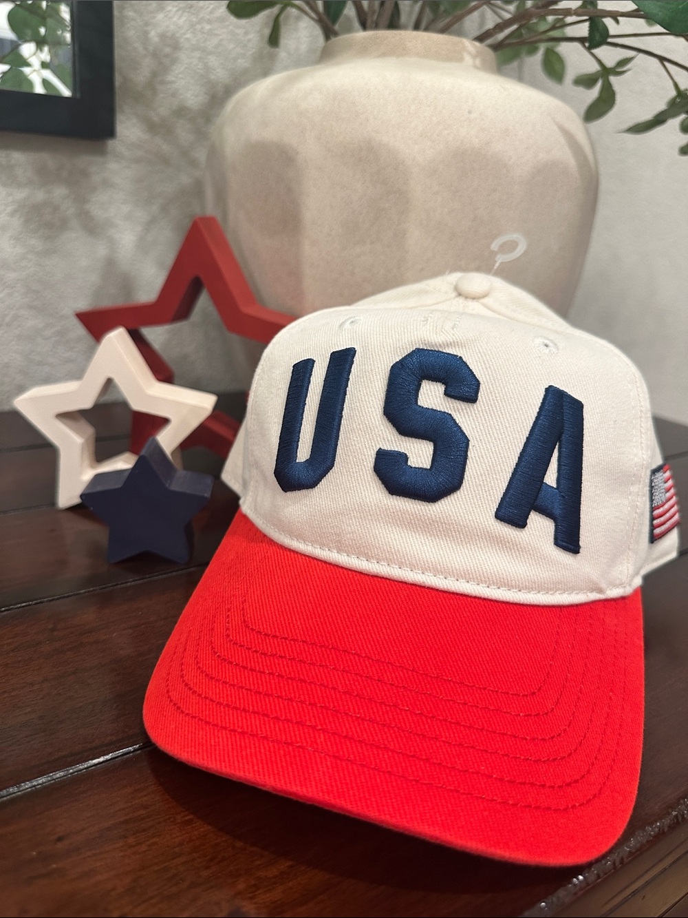 MAD Engine USA Embroidered Cap - Cream Crown, Red Brim, Navy Letters